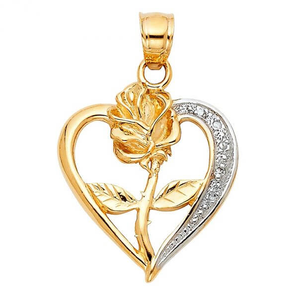 14k Two Tone Gold Heart with Rose Pendant image 0