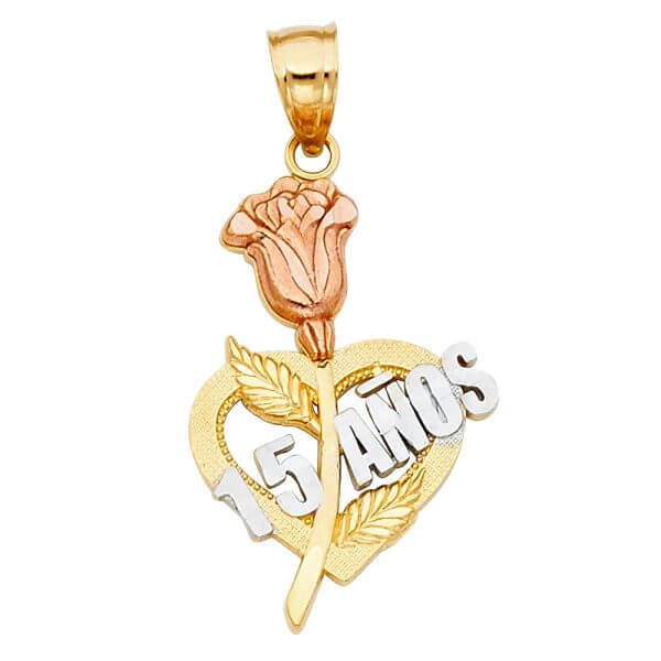 14k Tri-Color Gold 15 Years Heart Flower Pendant image 0