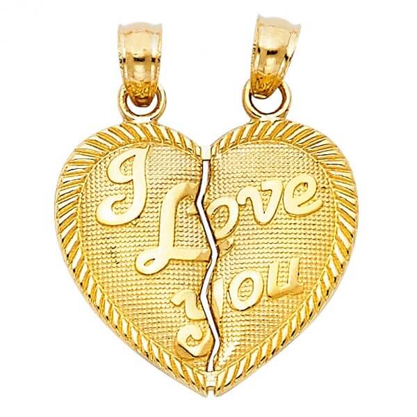 14k Yellow Gold "I love You" Couple Broken Heart Pendant image 0