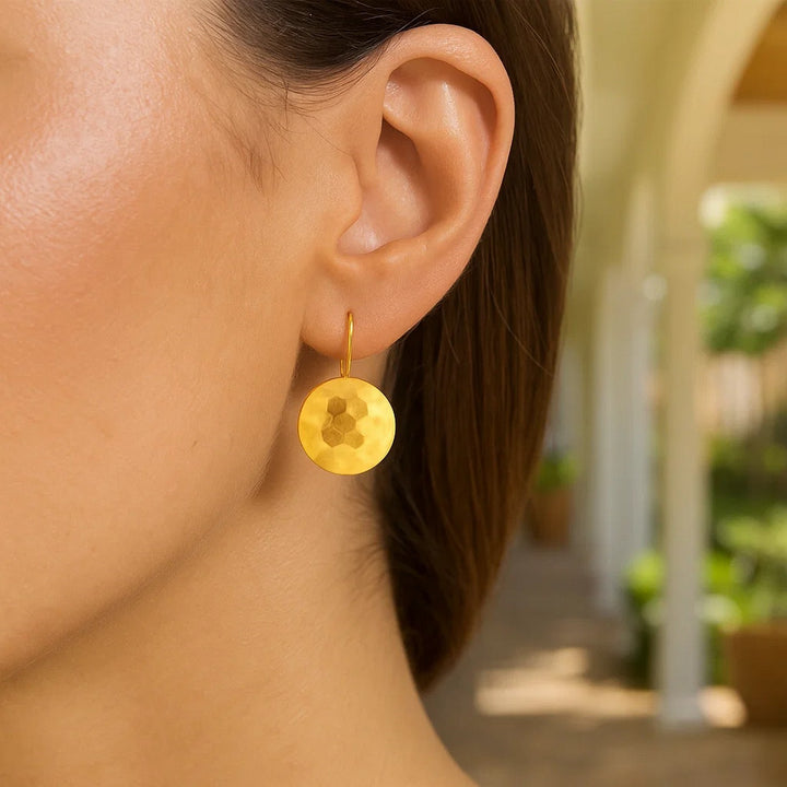 14k Yellow Gold Hammered Texture Disc Drop Earrings Medium