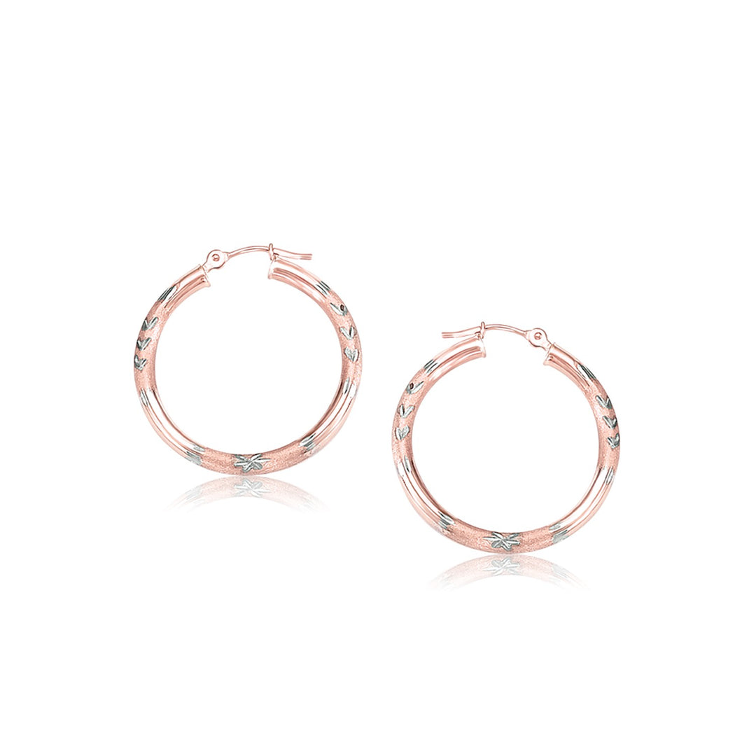 14k Rose Gold Fancy Diamond Cut Hoop Earrings(3x25mm)