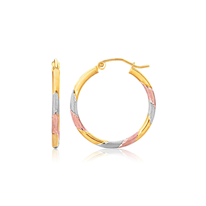 14k Tri-Color Textured Hoop Earrings (2x22mm)