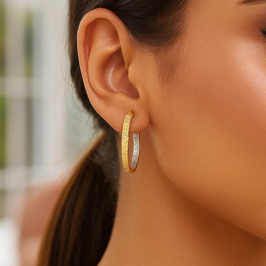 Two-Tone Yellow and White Gold Medium Patterned Hoop Earrings(3x30mm)