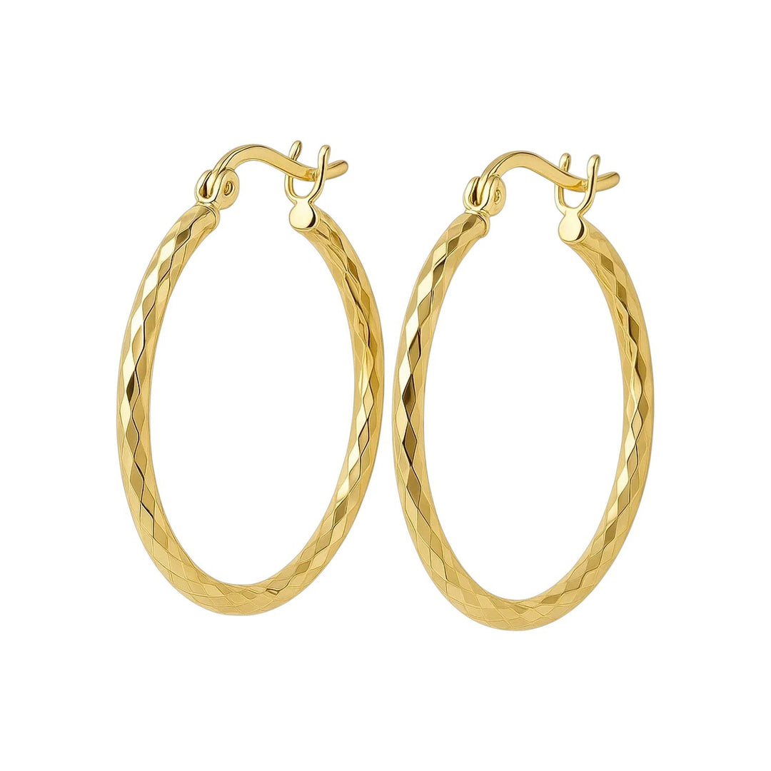 14k Yellow Gold Slender Hoop Earring with Diamond-Cut Finish (25mm Diameter)
