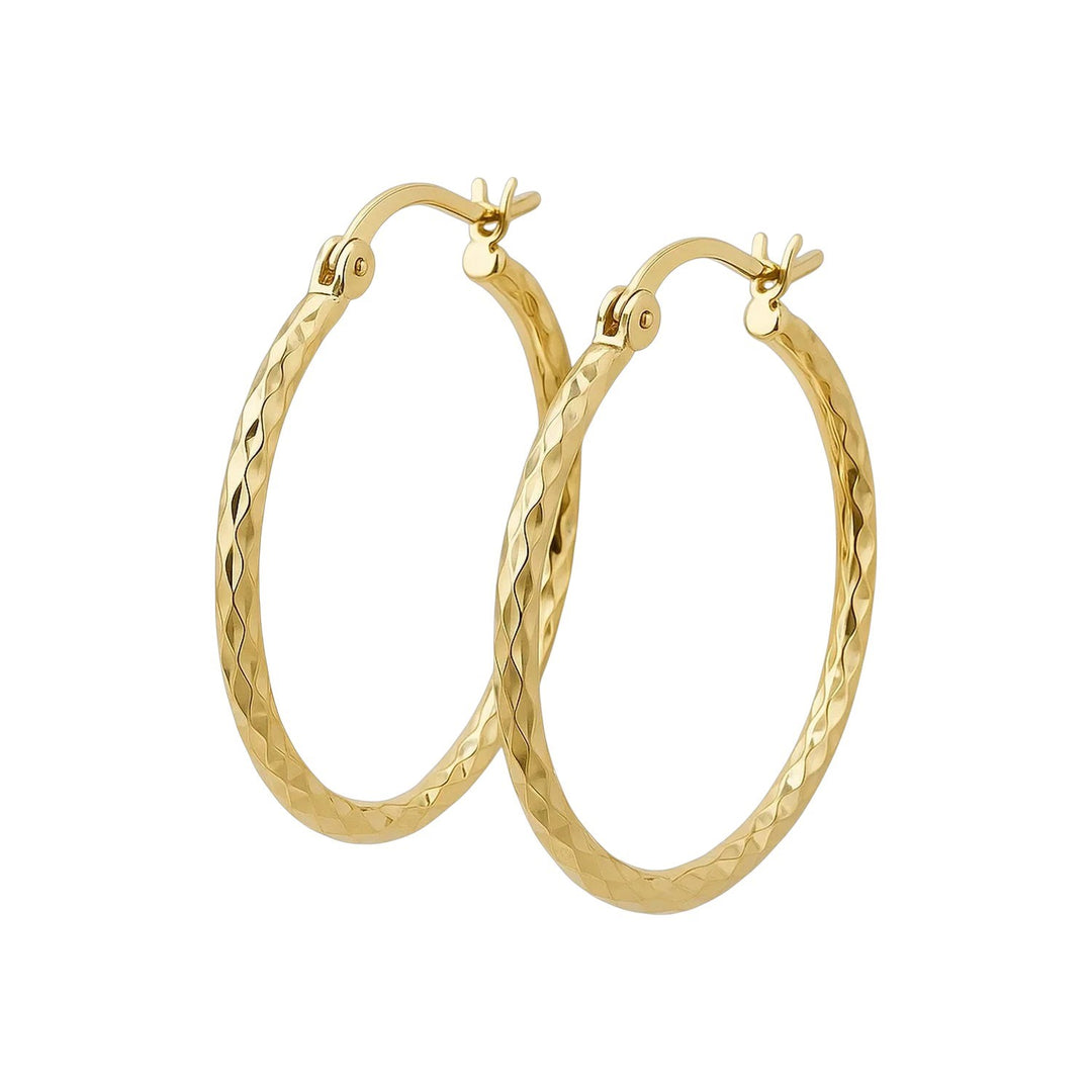 14k Yellow Gold Slender Hoop Earring with Diamond-Cut Finish (25mm Diameter)