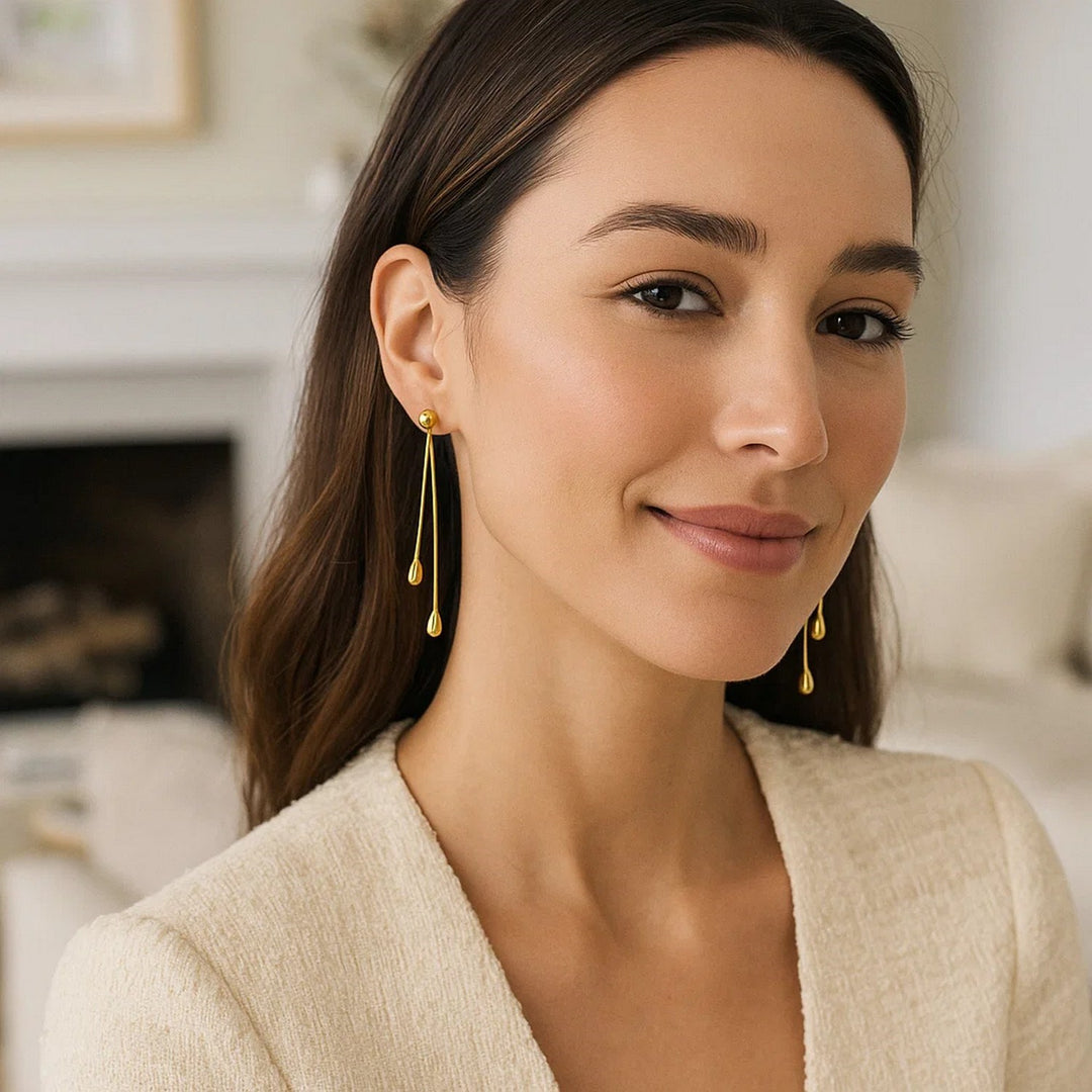 14k Yellow Gold Double Drop Long Earrings