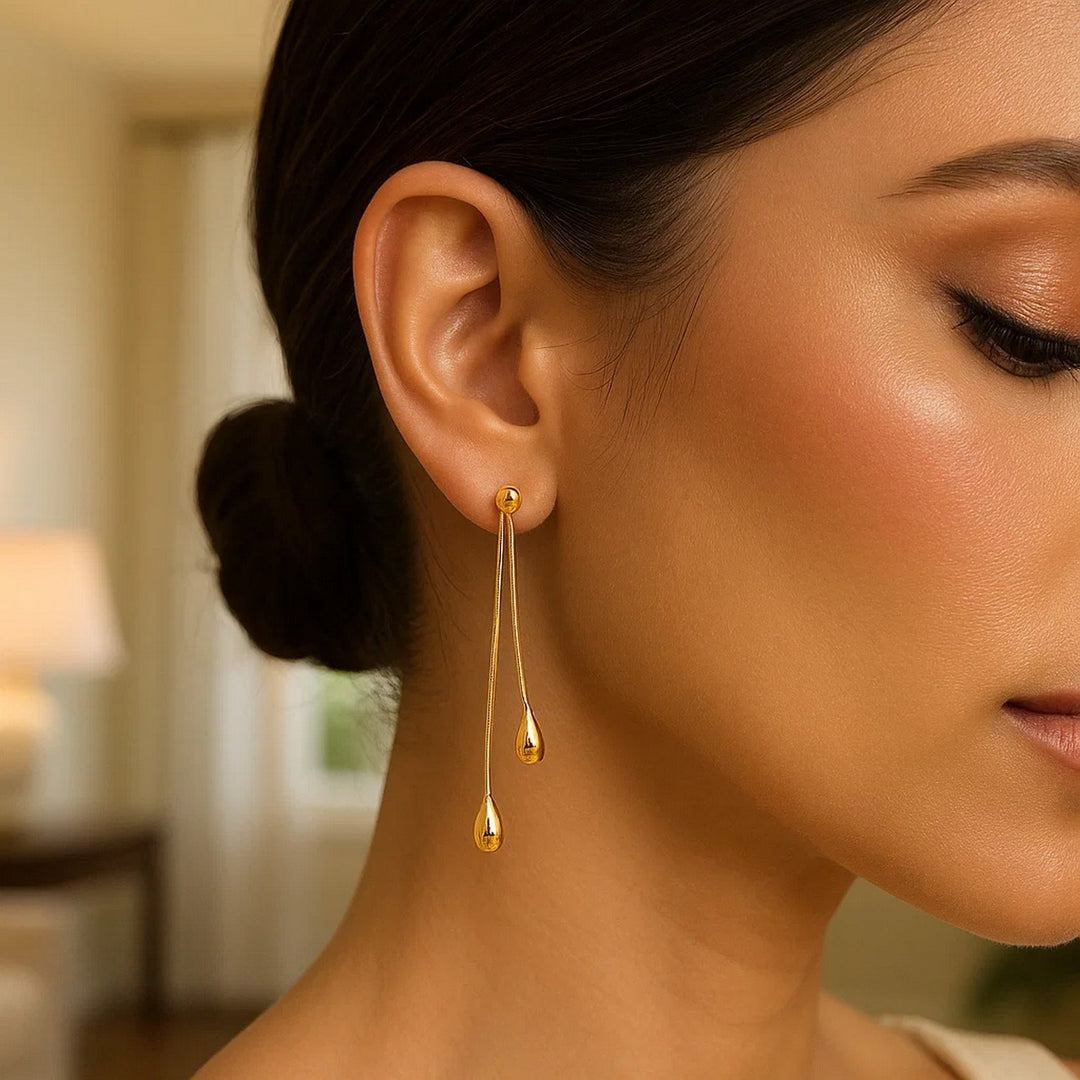 14k Yellow Gold Double Drop Long Earrings