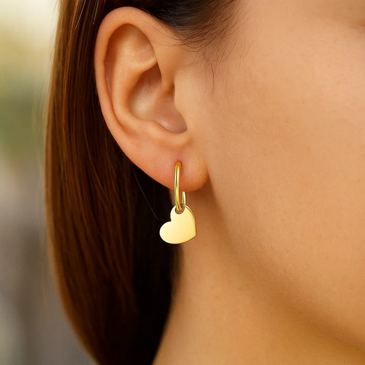 14K Yellow Gold Hoop Polished Earrings with Hearts