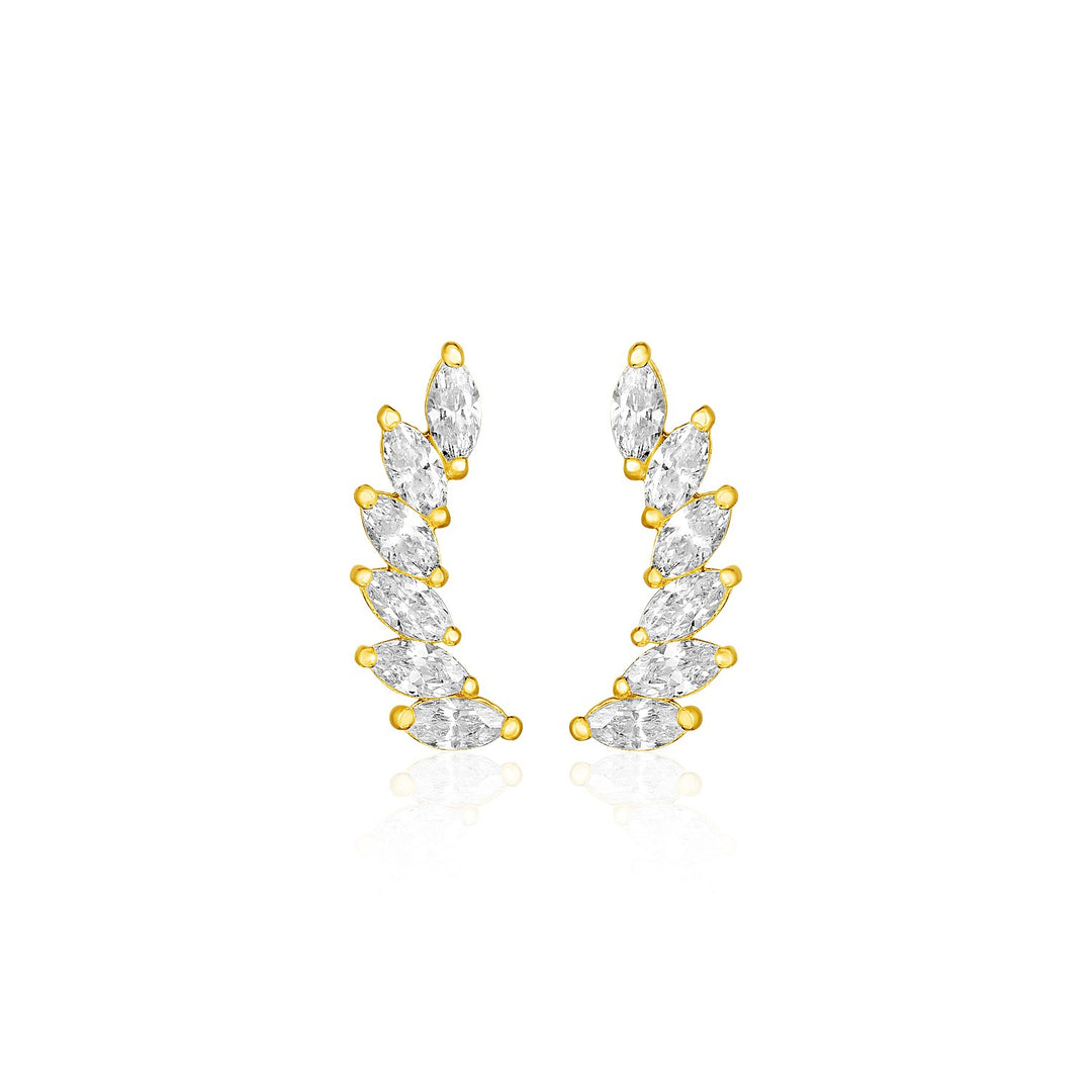 14k Yellow Gold Leaf Motif Climber Post Earrings with Marquise Cubic Zirconias