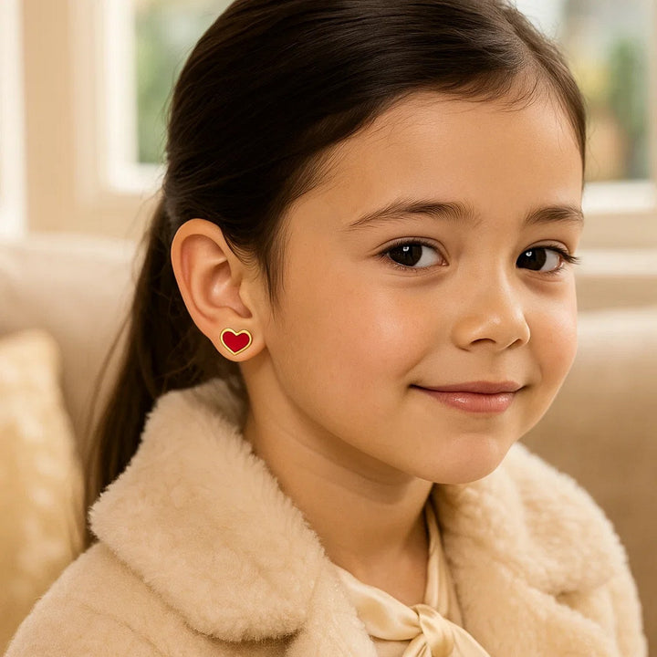 14k Yellow Gold and Enamel Red Heart Stud Earrings