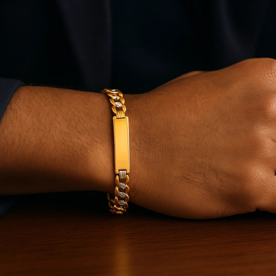 14k Two Tone Gold Mens Wide Curb Chain ID Bracelet with White Pave (10.00 mm)