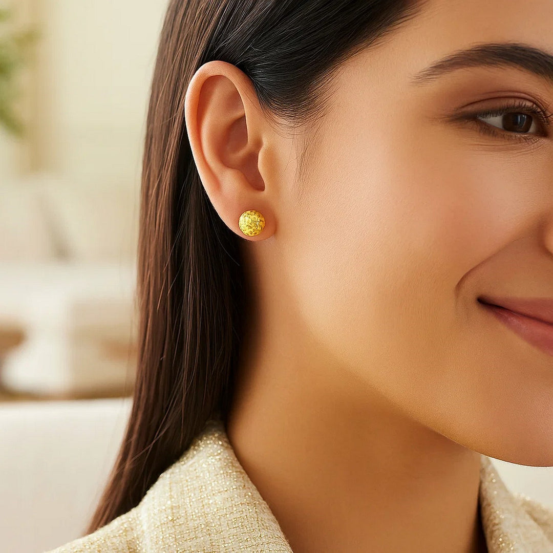 14k Yellow Gold Ball Earrings with Crystal Cut Texture(7mm)