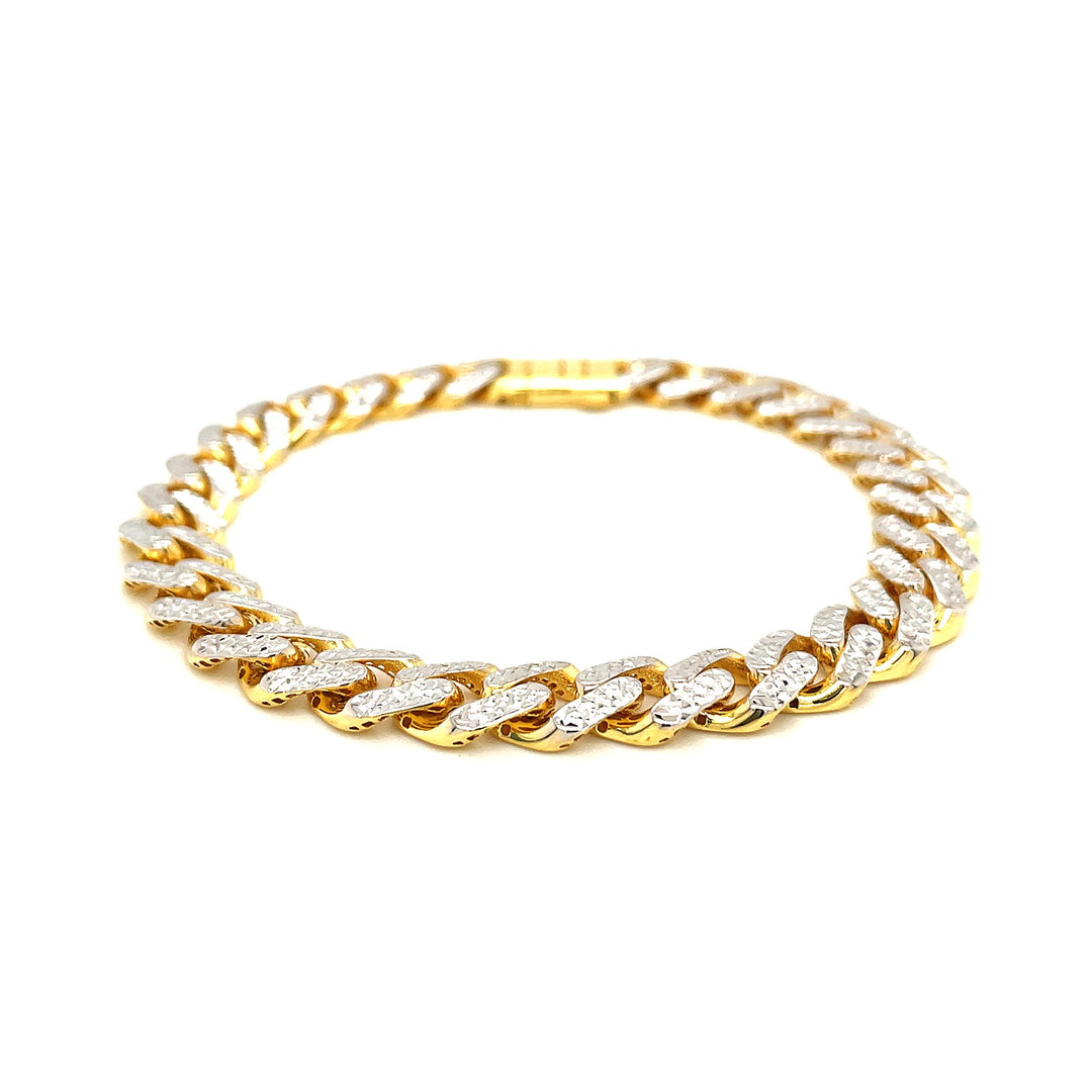 14k Two Tone Gold 8 1/4 inch Curb Chain Bracelet with White Pave (9.50 mm)