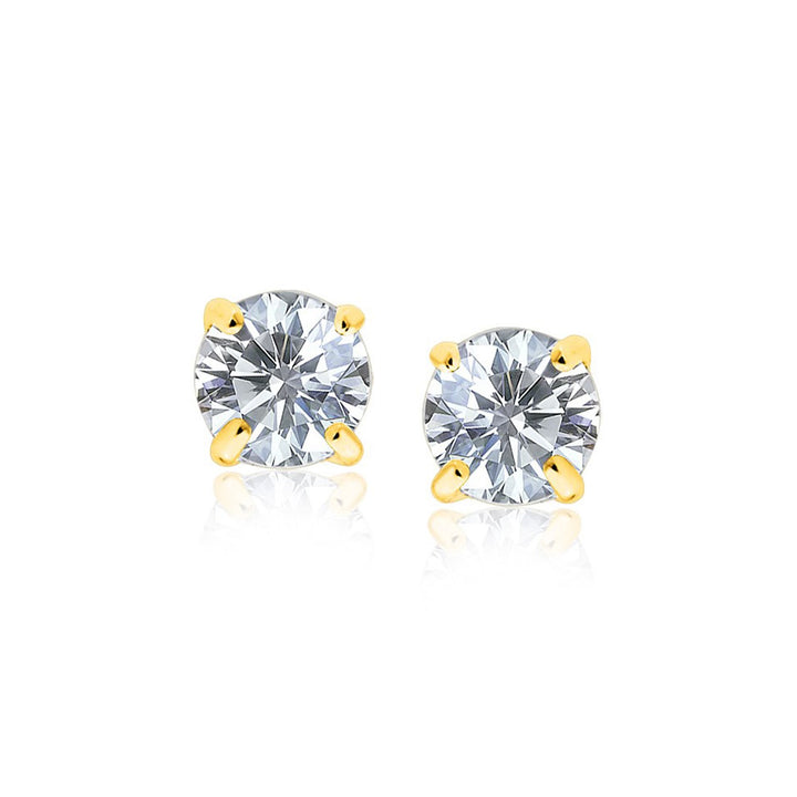 14k Yellow Gold Stud Earrings with White Hue Faceted Cubic Zirconia(7mm)