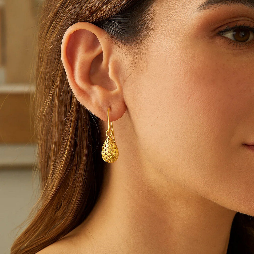 14k Yellow Gold Teardrop Drop Earrings with Honeycomb Texture