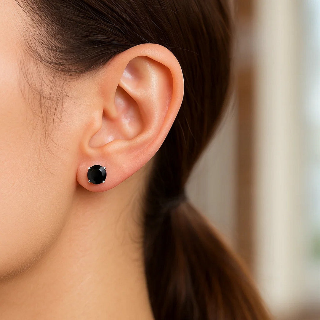 14k White Gold Stud Earrings with Black Faceted Cubic Zirconia(5mm)