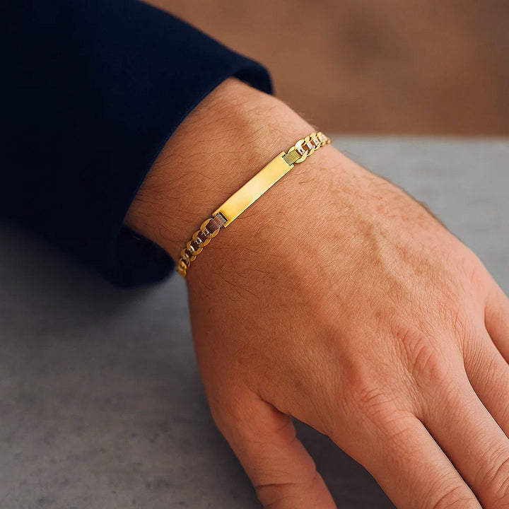 14k Two Tone Gold Mens Narrow Curb Chain ID Bracelet with White Pave (6.70 mm)