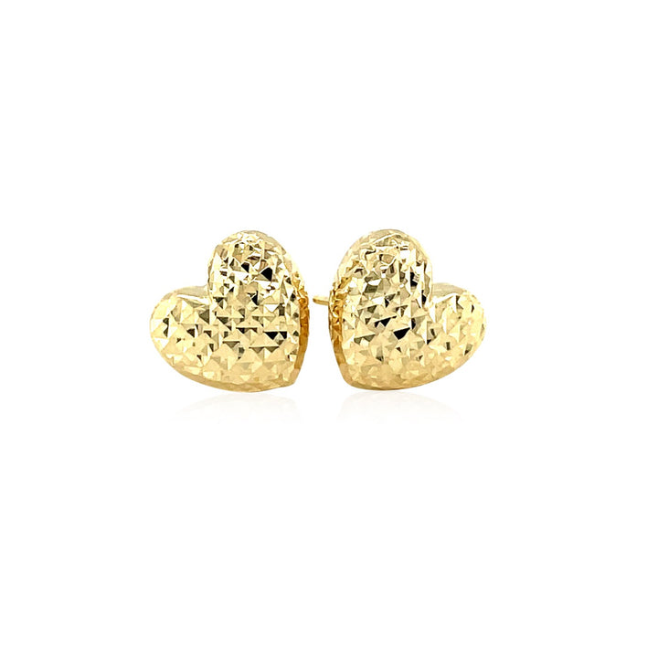 14k Yellow Gold Puffed Heart Earrings with Diamond Cuts