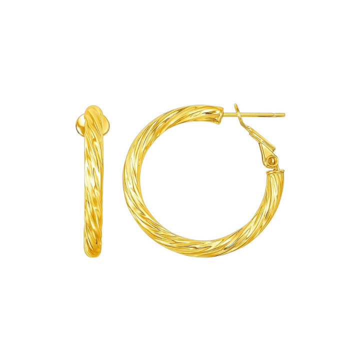 14k Yellow Gold Petite Twisted Round Hoop Earrings(3x15mm)