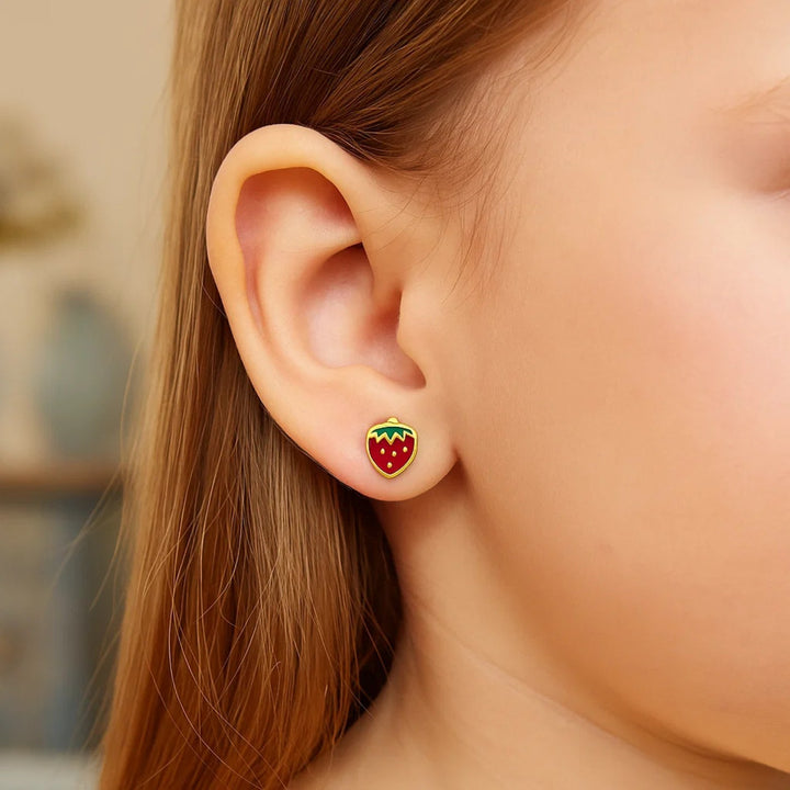 14k Yellow Gold Enameled Strawberry Childrens Earrings