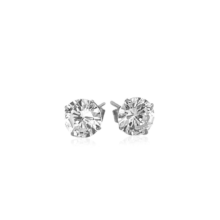 14k White Gold Stud Earrings with White Hue Faceted Cubic Zirconia(6mm)