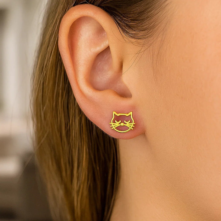 14K Yellow Gold Cat Head Earrings