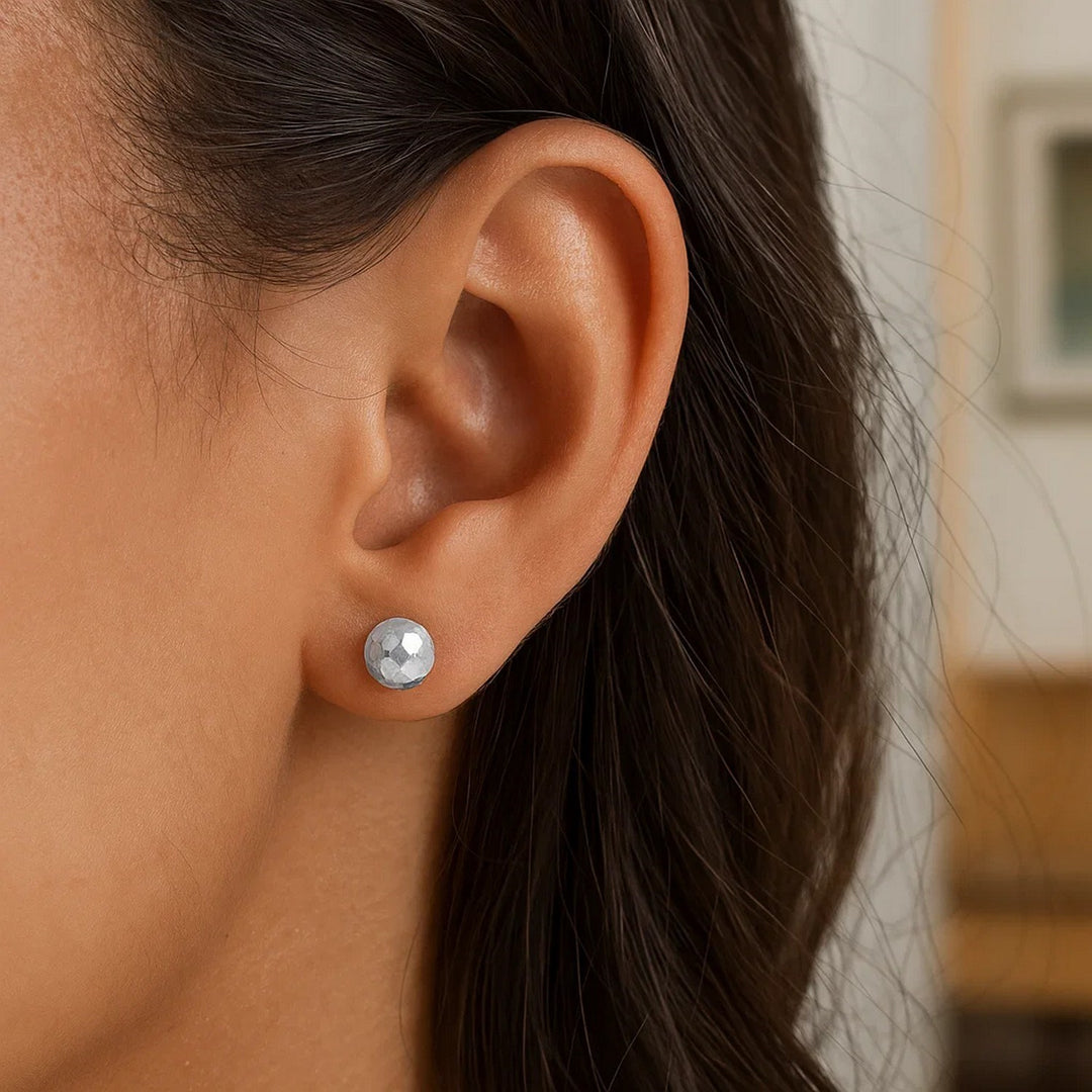 14k White Gold Ball Earrings with Faceted Texture(7mm)
