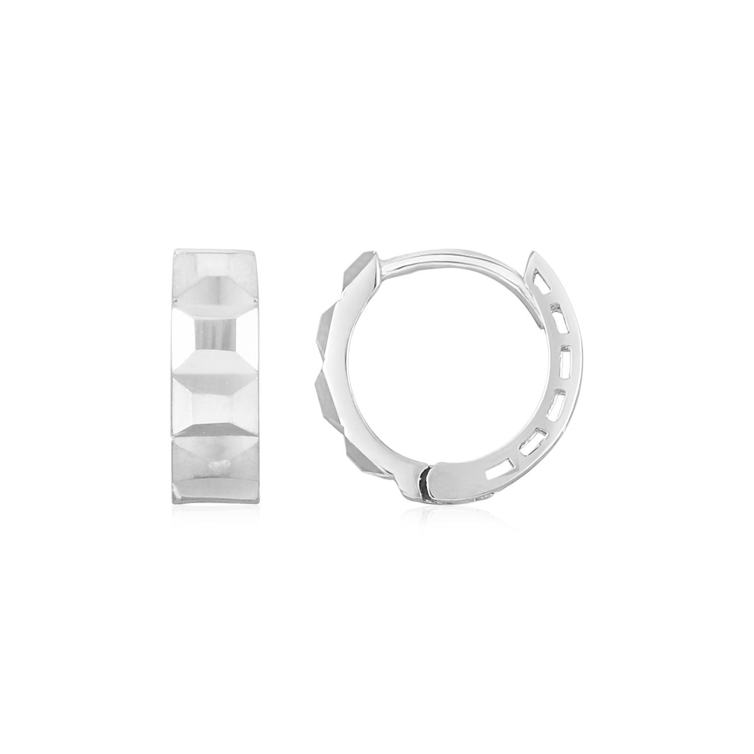 14K White Gold Square Motif Faceted Huggie Earrings