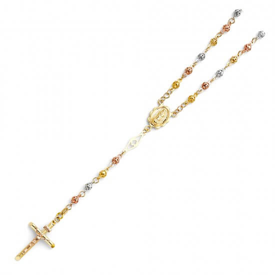 14K TRI-COLOR GOLD PUFF BALL ROSARY NECKLACE