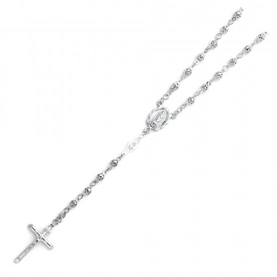 14K WHITE GOLD PUFF BALL ROSARY NECKLACE
