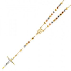 14K TRI-COLOR GOLD 3 COLOR BALL ROSARY NECKLACE