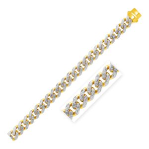 14k Two-Tone Gold 8.5in Wide Curb Chain Bracelet with White Pave For Men