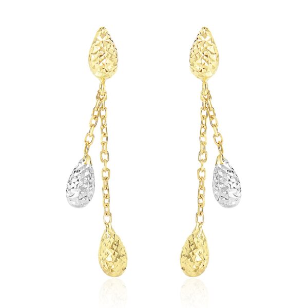 14k Two-Tone Gold Double Row Chain Earrings with Diamond Cut Teardrops