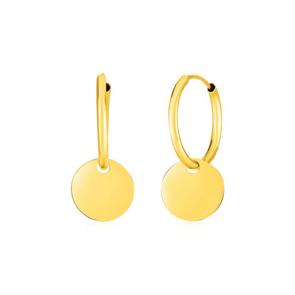 14k Yellow Gold Huggie Style Hoop Earrings with Circle Drops