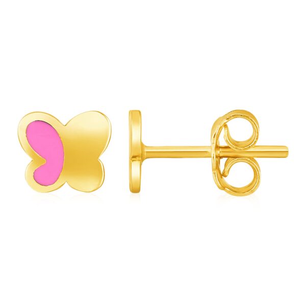14k Yellow Gold and Enamel Pink Butterfly Stud Earrings