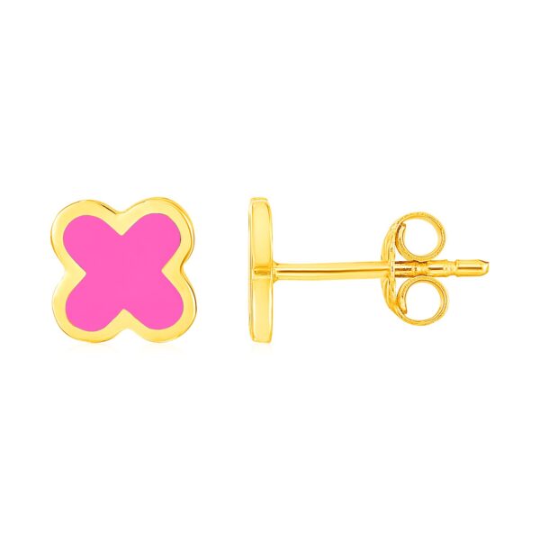 14k Yellow Gold and Enamel Pink Clover Stud Earrings