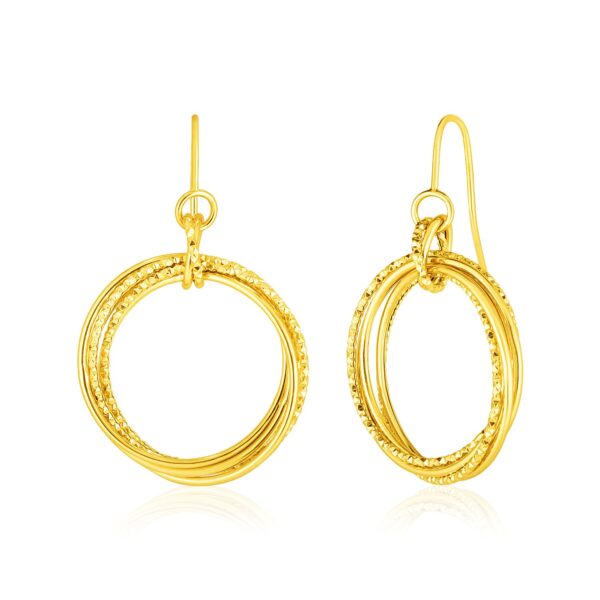 14k Yellow Gold Earrings with Polished and Textured Interlocking Circle Dangles
