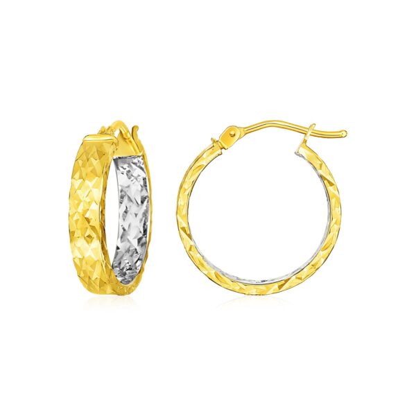 14k Yellow Gold Wide Hoop Earrings with Diamond Cut Texture