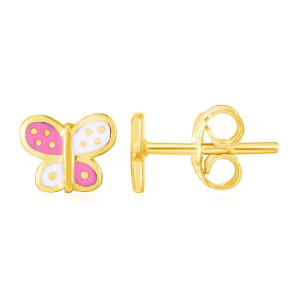 14k Yellow Gold and Enamel Pink and White Butterfly Stud Earrings