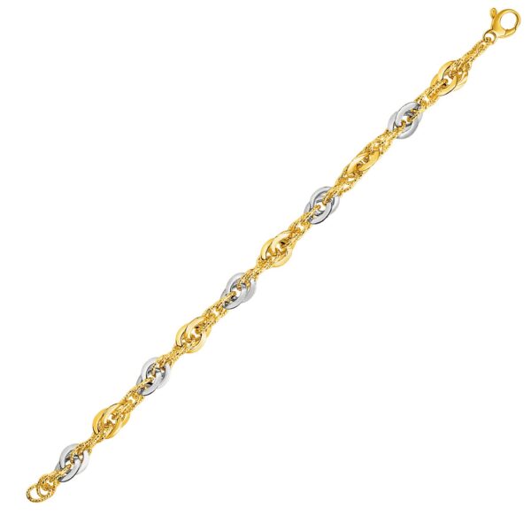 14k Two-Tone Yellow and White Gold Double Link Textured Bracelet For Women