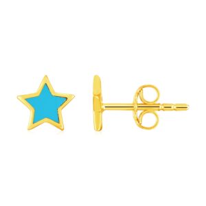 14k Yellow Gold and Enamel Blue Star Stud Earrings