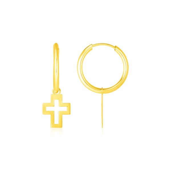 14K Yellow Gold Hoop Polished Earrings with Crosses