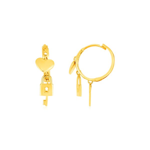 14k Yellow Gold Huggie Style Hoop Earrings with Heart Padlock and Key Drops